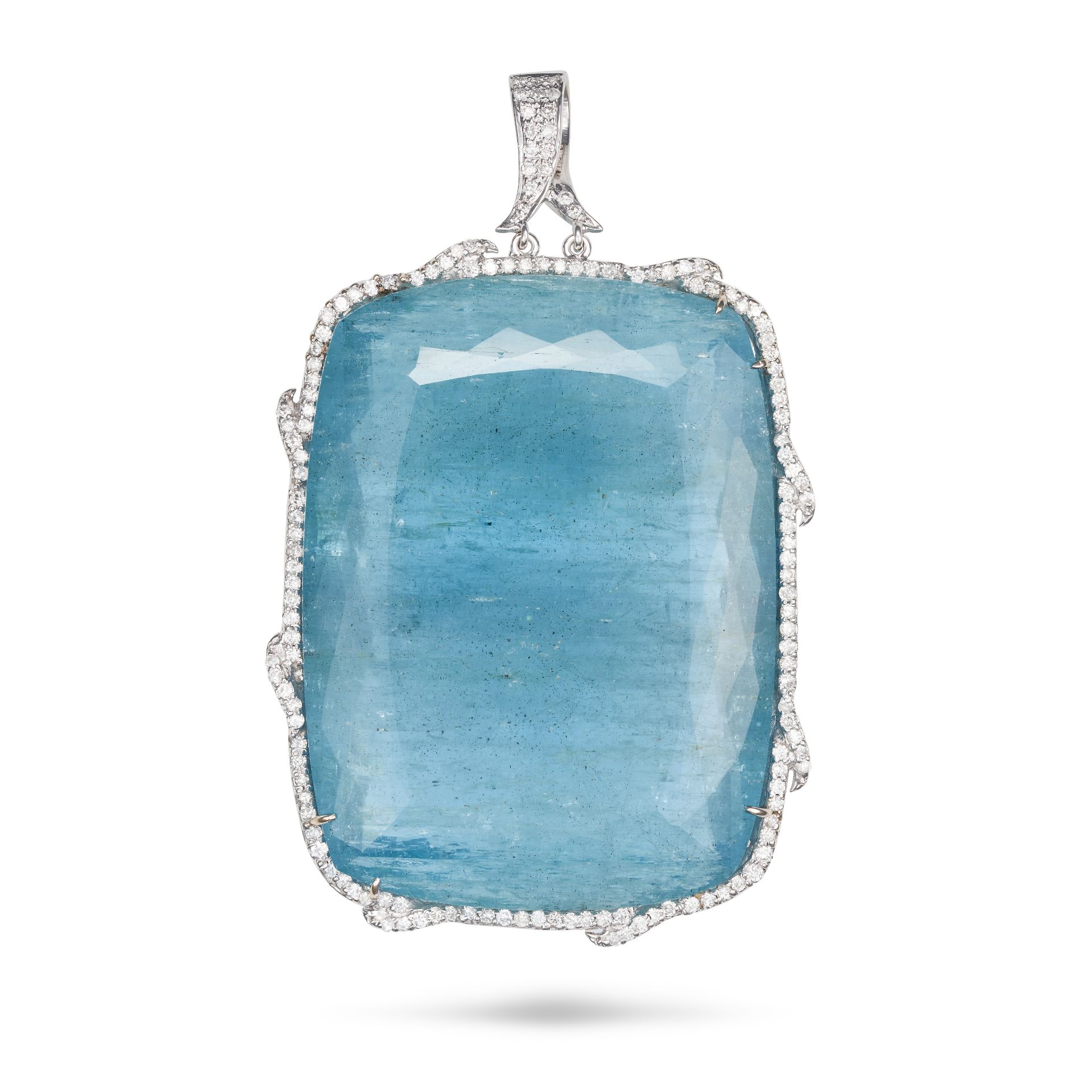 A LARGE AQUAMARINE AND DIAMOND PENDANT set with a cushion cut aquamarine of 346.45 carats in a fr...