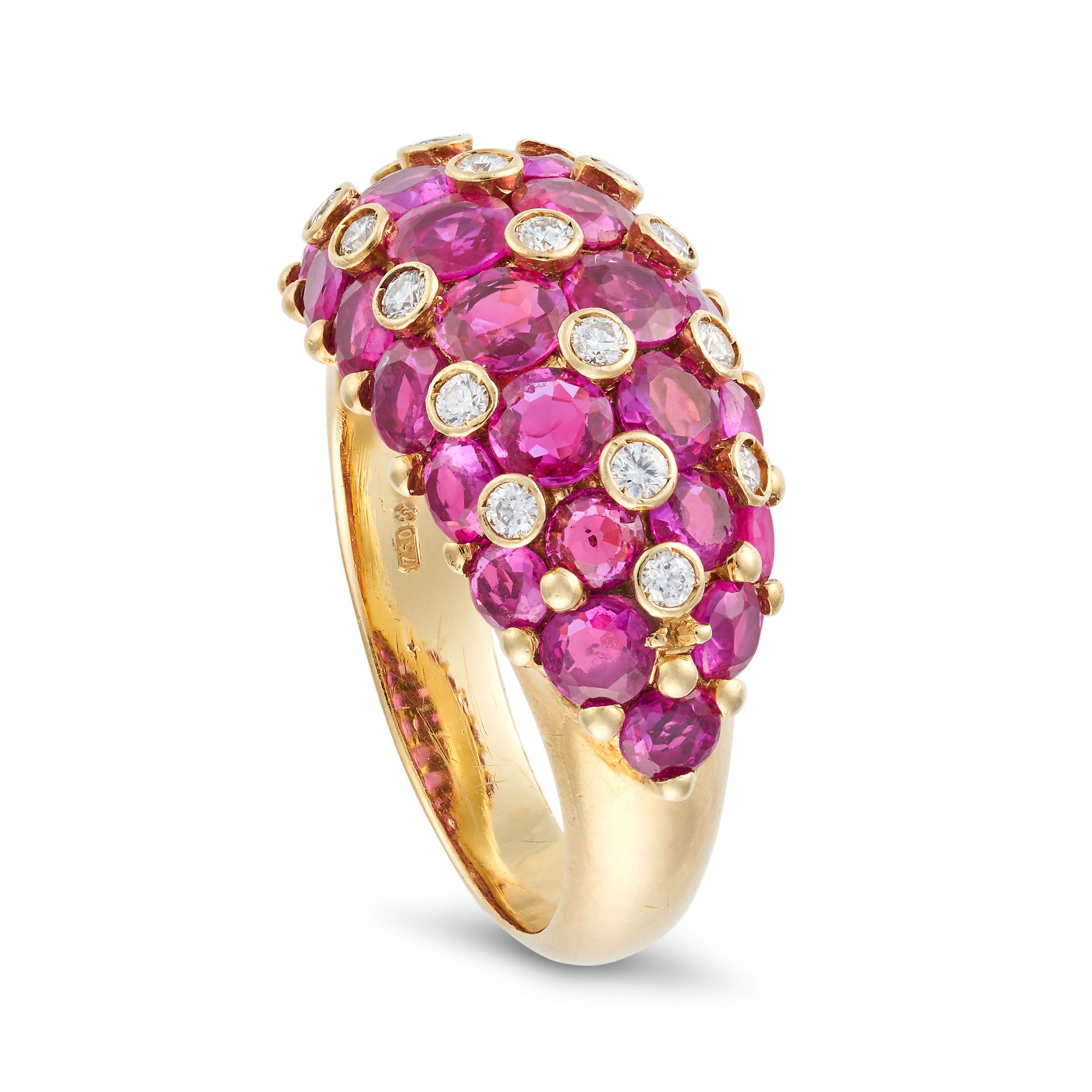 A RUBY AND DIAMOND BOMBE RING in 18ct yellow gold, the bombe face set with round cut rubies accen... - Image 2 of 2