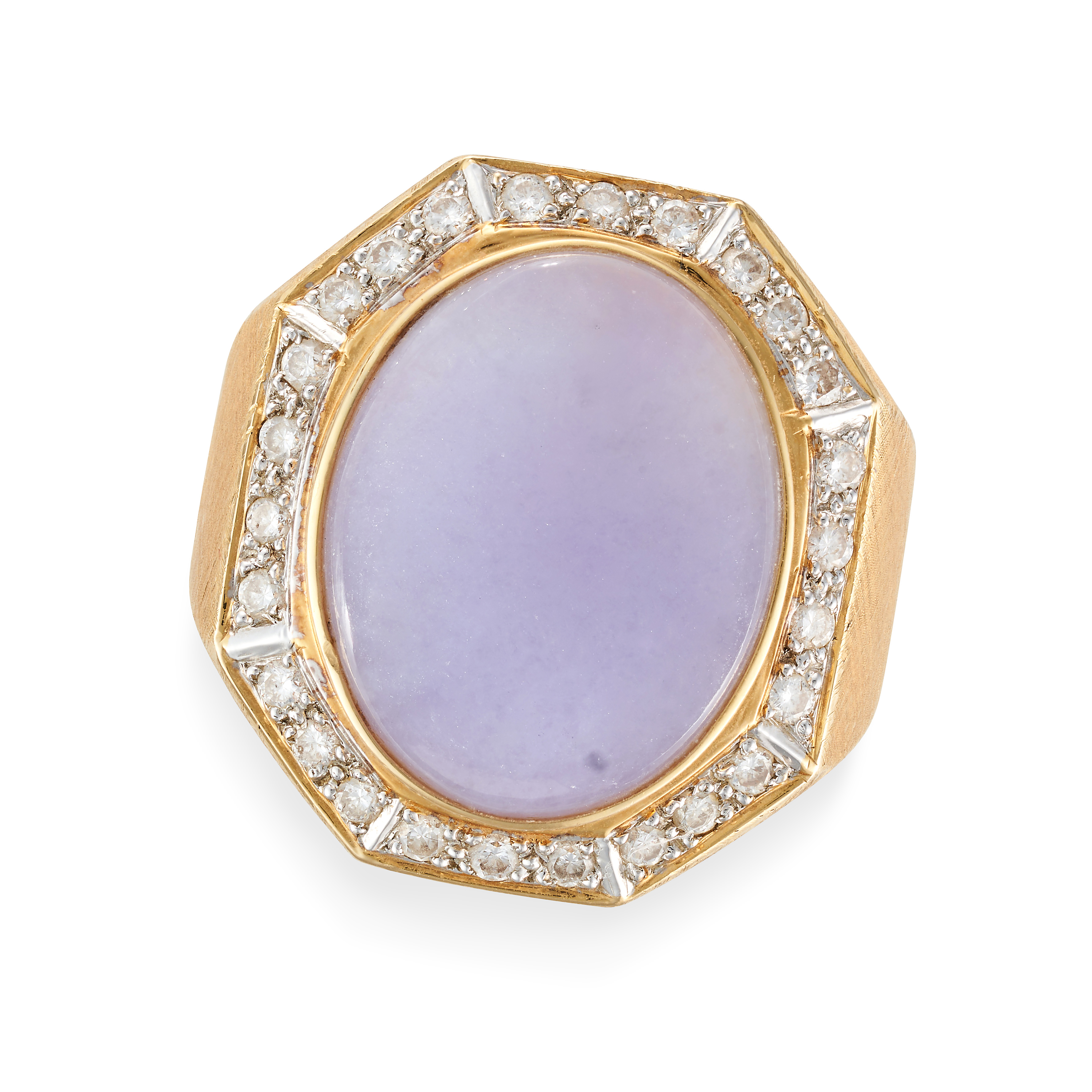 A LAVENDER JADEITE JADE AND DIAMOND RING set with an oval cabochon jadeite jade in a border of ro...