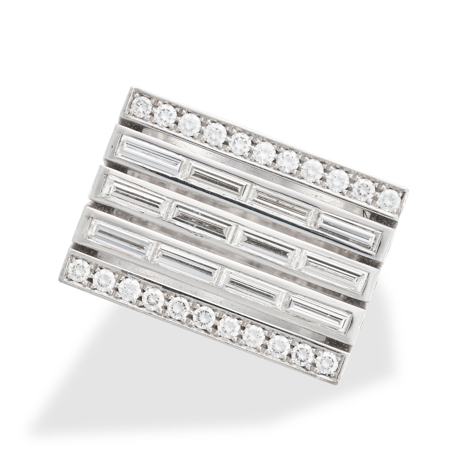 PIAGET, A DIAMOND FREEDOM RING set with three rows of baguette cut diamonds, accented by rows of ...