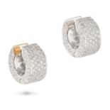 A PAIR OF DIAMOND HUGGIE HOOP EARRINGS each hoop pave set to the front and sides with round brill...