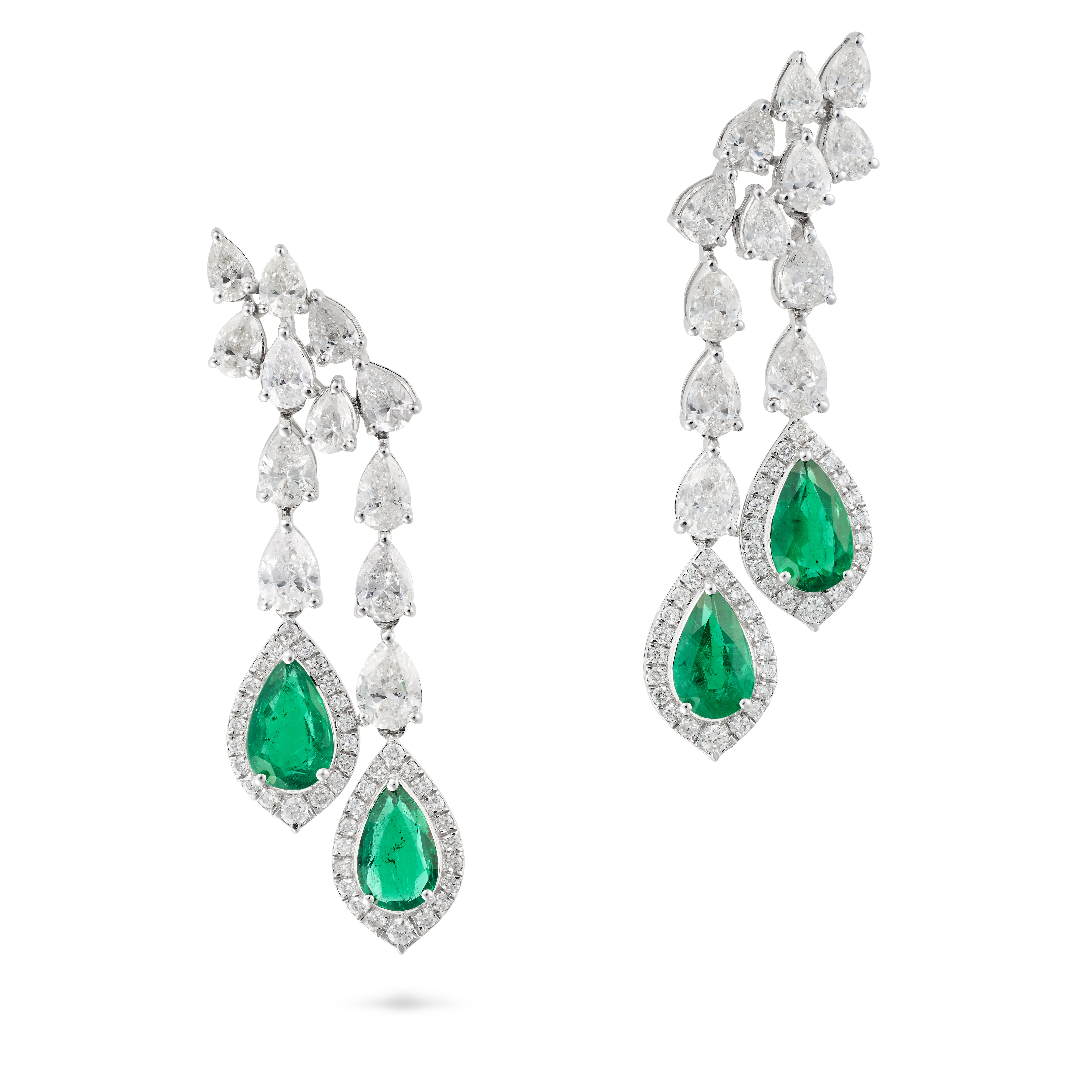 A PAIR OF EMERALD AND DIAMOND DROP EARRINGS each set with two rows of pear cut diamonds suspendin...