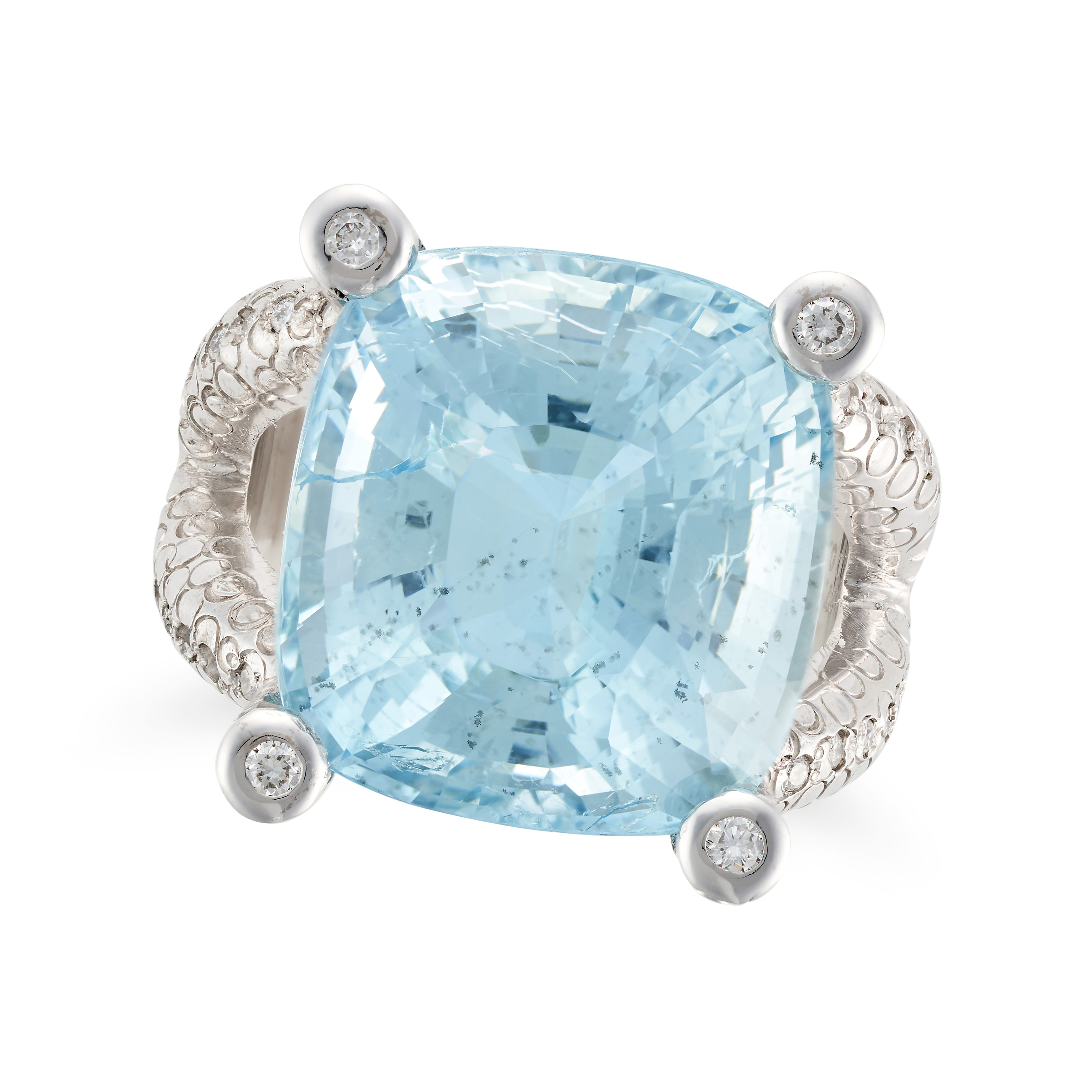 AN AQUAMARINE AND DIAMOND RING set with a cushion cut aquamarine of 27.50 carats, the stylised mo...