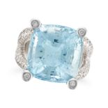 AN AQUAMARINE AND DIAMOND RING set with a cushion cut aquamarine of 27.50 carats, the stylised mo...