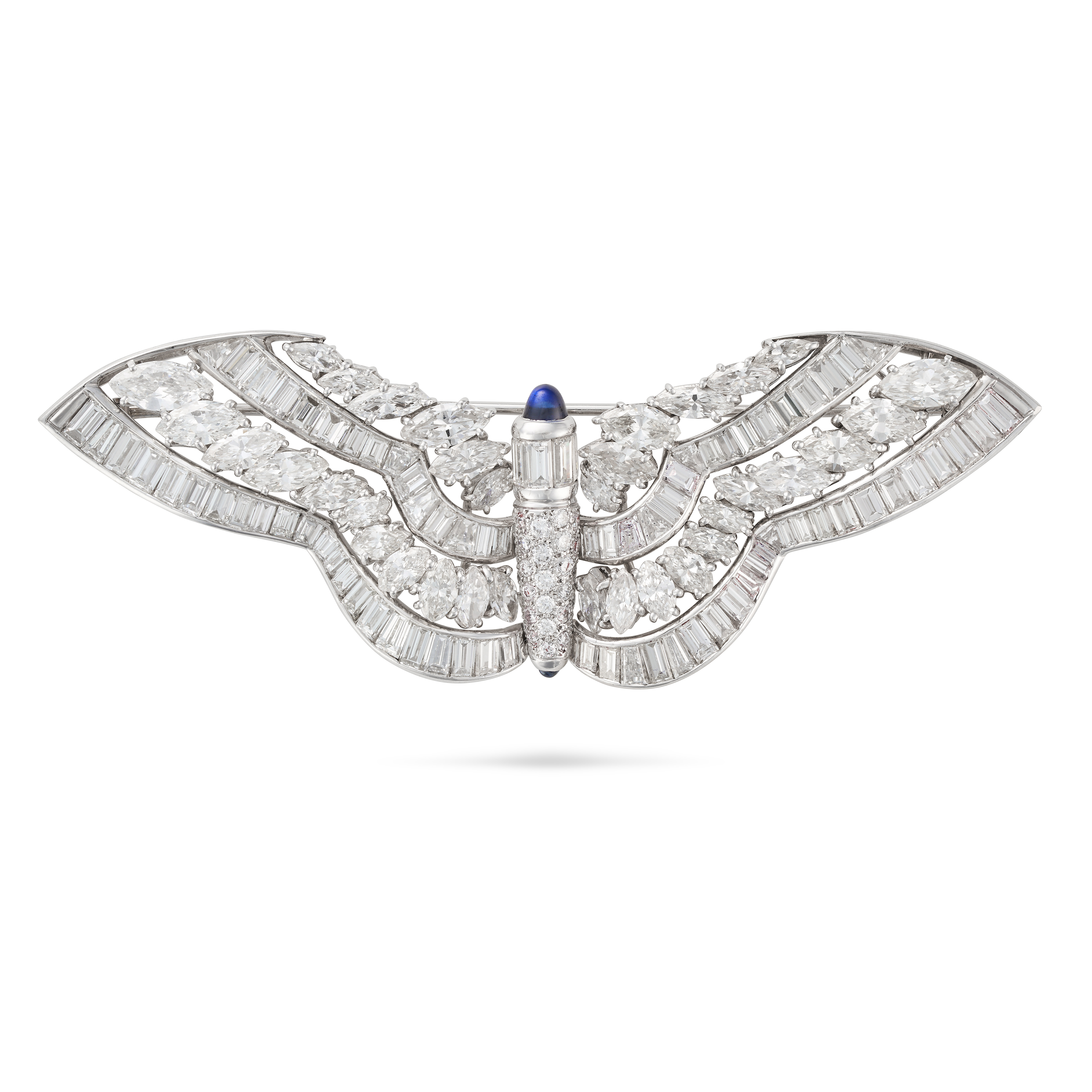 TIFFANY & CO., A DIAMOND AND SAPPHIRE BUTTERFLY BROOCH the wings jewelled with rows of marquise a...