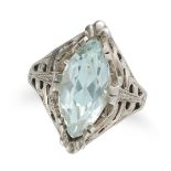 AN AQUAMARINE NAVETTE RING set with a marquise cut aquamarine in an ornate mount, stamped 18K, si...