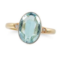 AN AQUAMARINE AND DIAMOND RING set with an oval cut aquamarine between two single cut diamonds, s...