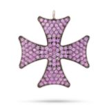 A PINK SAPPHIRE CROSS PENDANT set throughout with round cut pink sapphires, no assay marks, 4.0cm...