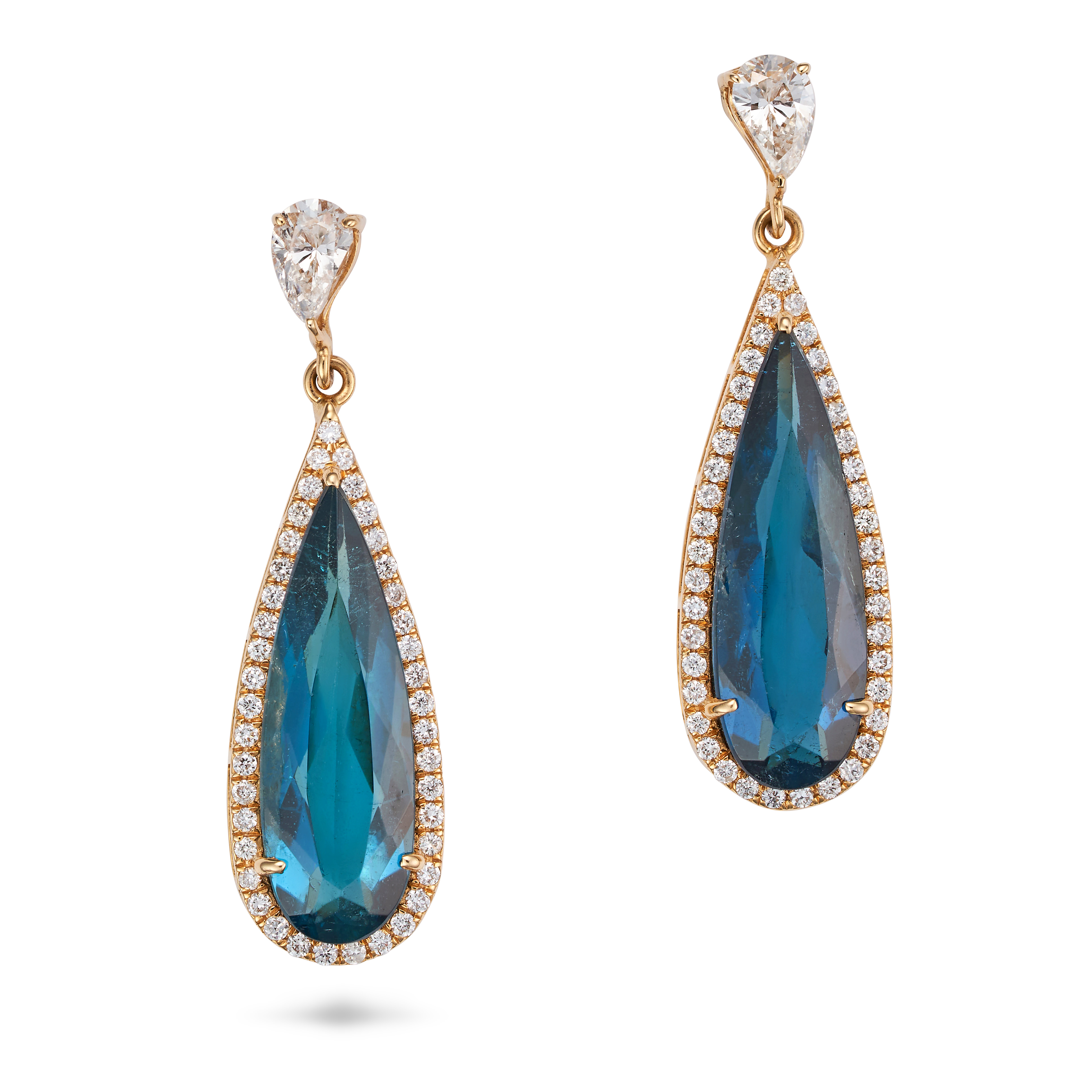 A PAIR OF INDICOLITE TOURMALINE AND DIAMOND DROP EARRINGS each comprising an inverted pear cut di...