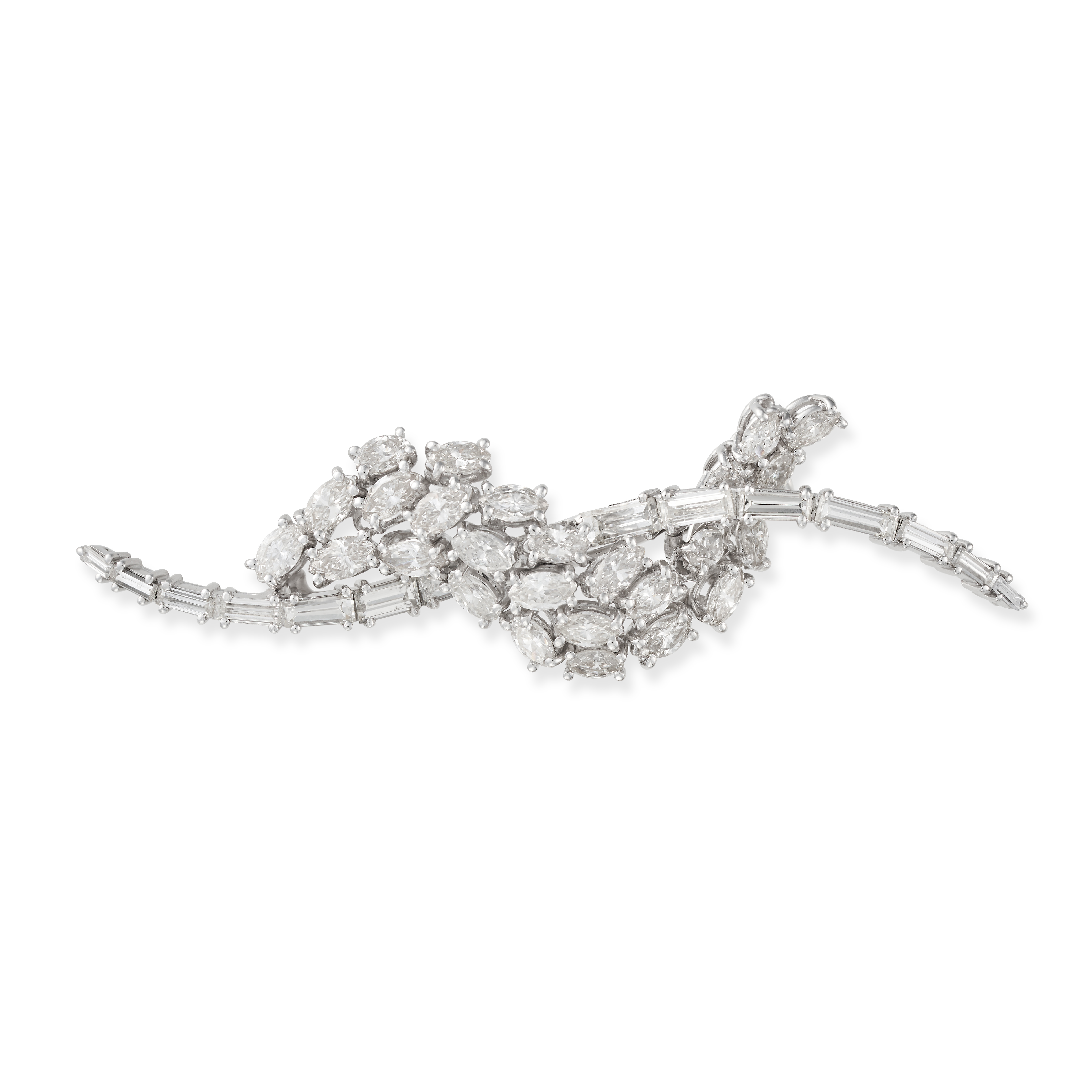 BULGARI, A DIAMOND BROOCH in scrolling design, comprising a curved row of baguette cut diamonds, ...