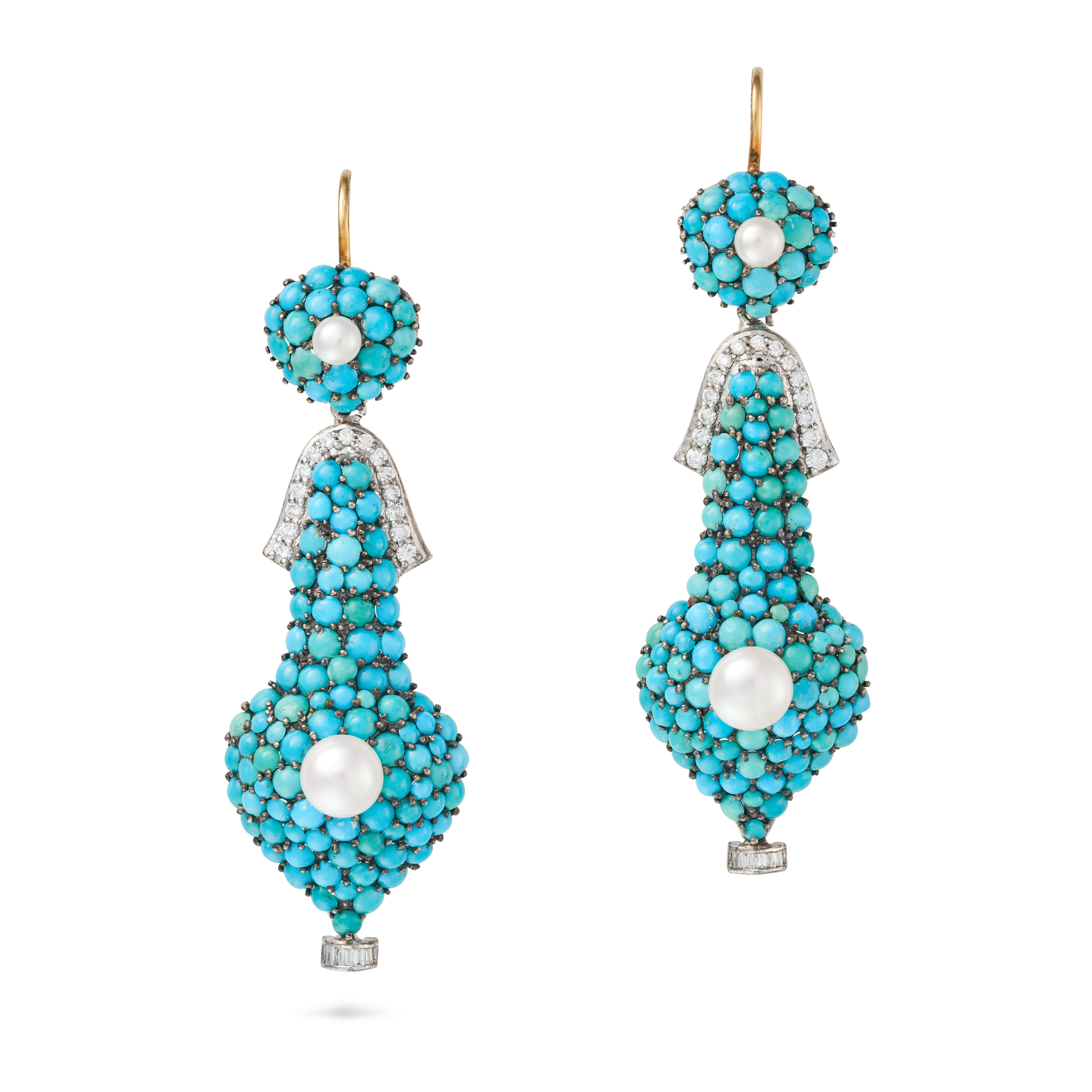 A PAIR OF TURQUOISE, DIAMOND AND PEARL DROP EARRINGS each comprising a domed top pave set with ca...