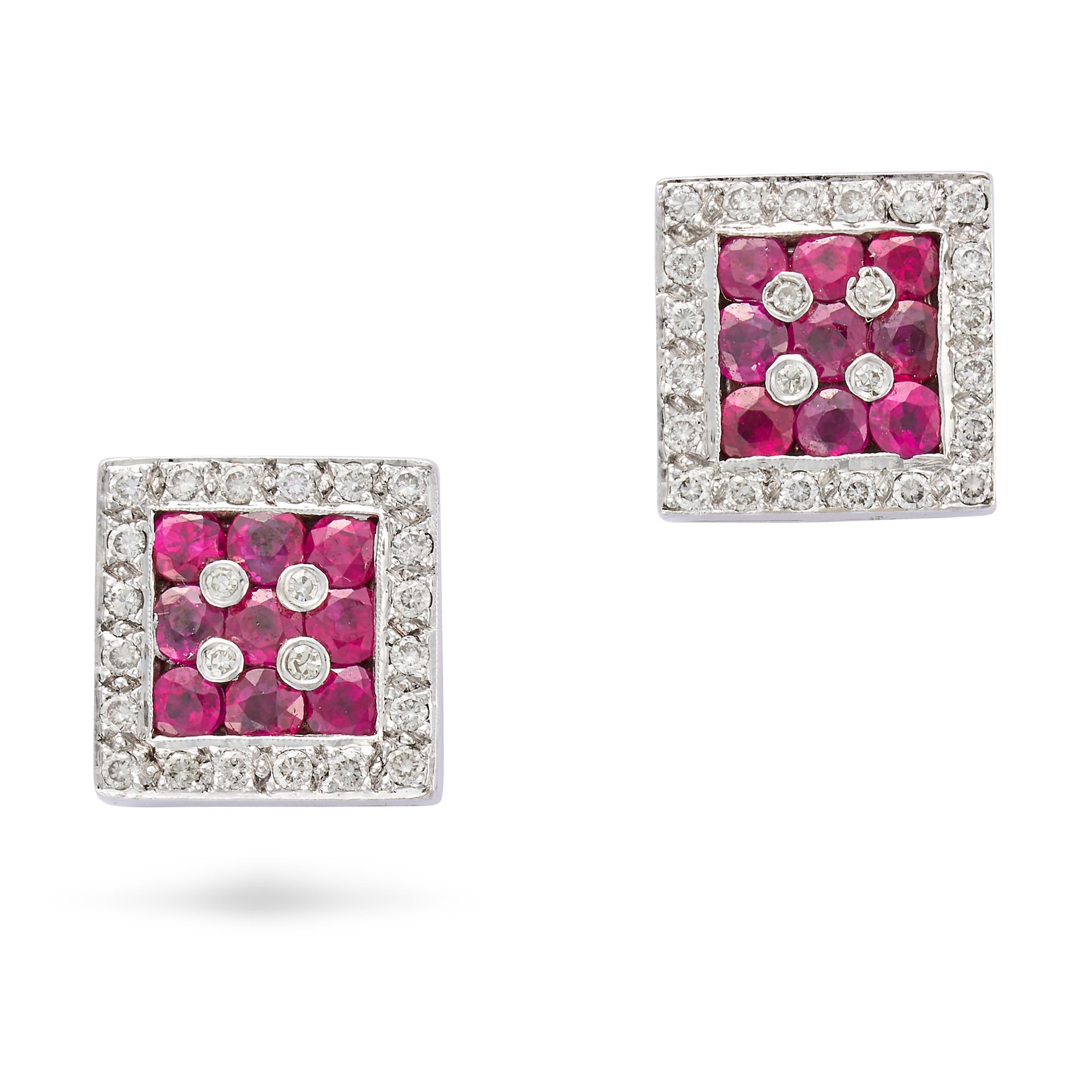 A PAIR OF RUBY AND DIAMOND STUD EARRINGS each set with round cut rubies and round cut diamonds, n...