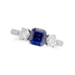 A SAPPHIRE AND DIAMOND THREE STONE RING set with an octagonal step cut sapphire of approximately ...