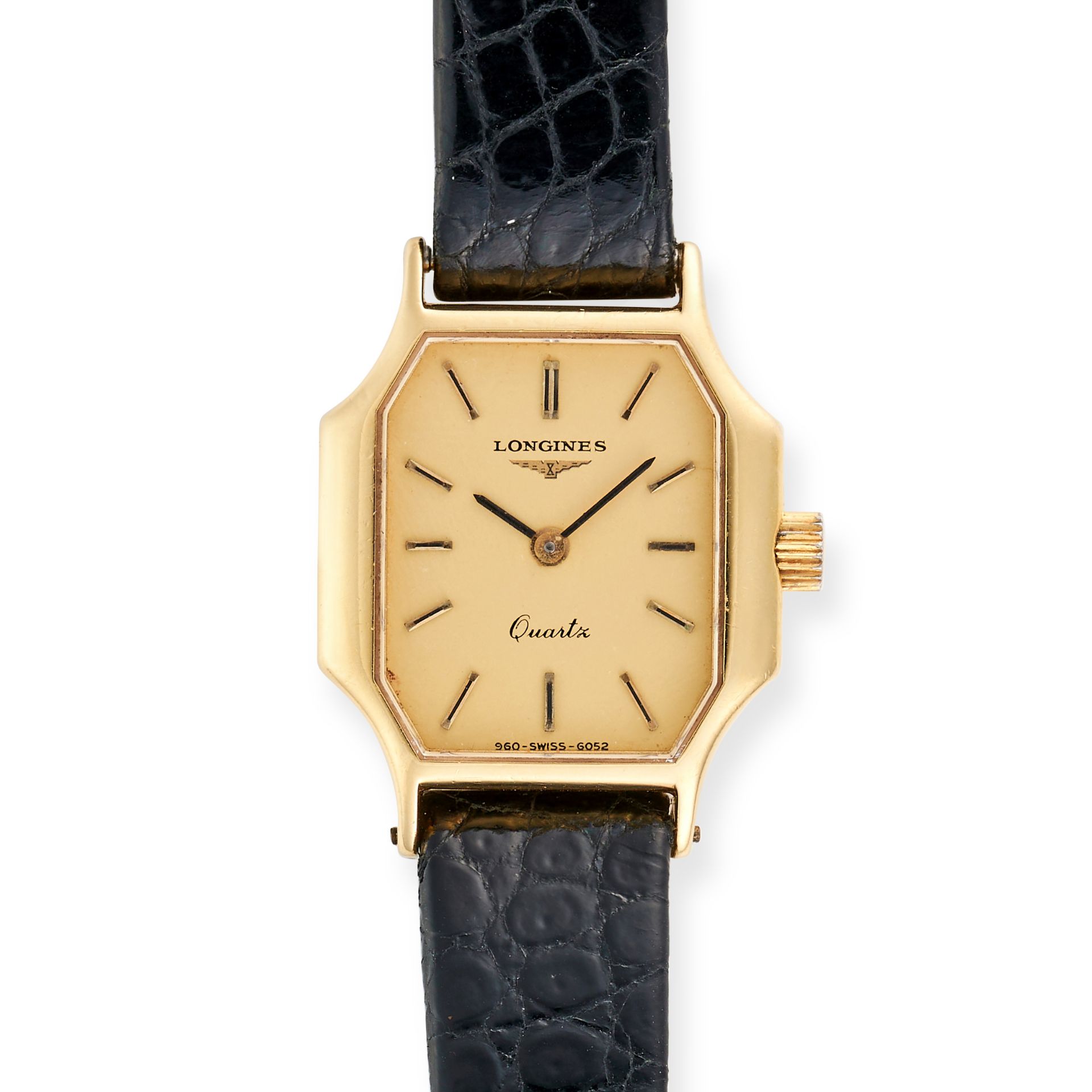 LONGINES - A LONGINES WRISTWATCH in 18ct gold rectangular case, signed gilt dial with baton marke...