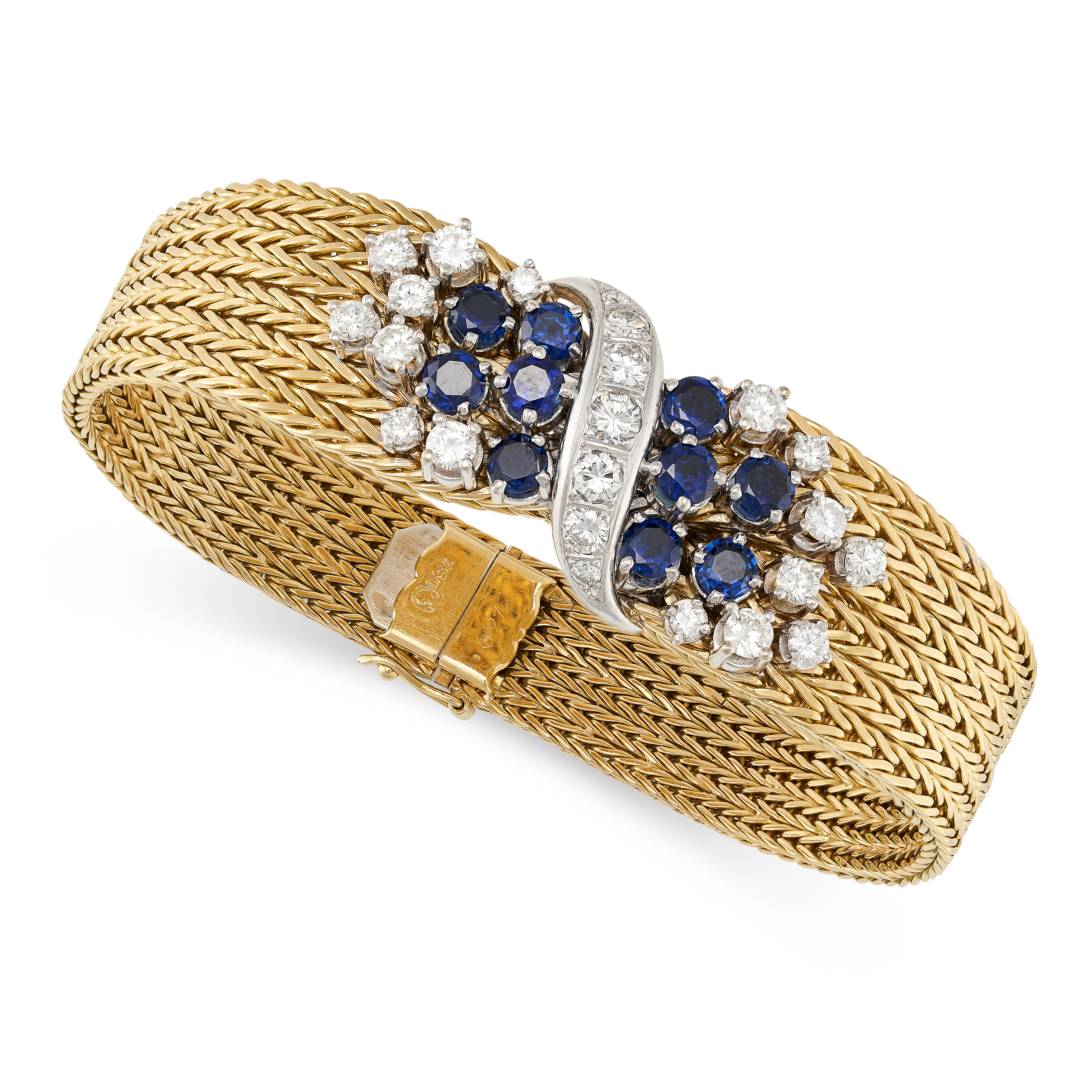 A VINTAGE SAPPHIRE AND DIAMOND BRACELET in 18ct yellow gold, the bracelet formed of woven links, ...