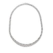 A COLLAR NECKLACE comprising a row of graduating textured and bright cut links, stamped 750, 44.5...