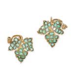 A PAIR OF EMERALD LEAF EARRINGS in yellow gold, each designed as an ivy leaf, set throughout with...