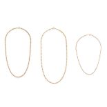 A COLLECTION OF CHAIN NECKLACES comprising a braided chain necklace in 9ct yellow gold, British i...