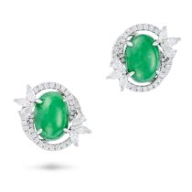 A PAIR OF BURMESE TYPE A JADEITE JADE AND DIAMOND EARRINGS each set with an oval cabochon jadeite...