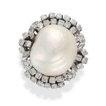 A NATURAL SALTWATER PEARL AND DIAMOND RING set with a baroque pearl of 14.6mm in a border of sing...