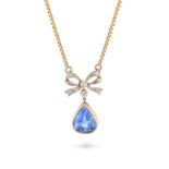 A SAPPHIRE AND DIAMOND PENDANT NECKLACE the pendant designed as a bow set with old and rose cut d...