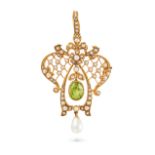 AN ANTIQUE PEARL AND PERIDOT BROOCH / PENDANT in 15ct yellow gold, the openwork pendant set throu...