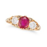 A BURMESE RUBY AND DIAMOND THREE STONE RING in 18ct yellow gold, set with a cushion cut ruby of a...