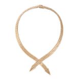 A STYLISED GOLD NECKLACE in 9ct yellow gold, comprising rows of brink links in crossover design, ...