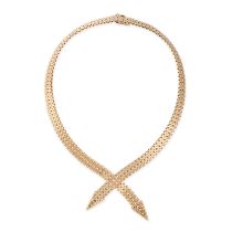 A STYLISED GOLD NECKLACE in 9ct yellow gold, comprising rows of brink links in crossover design, ...