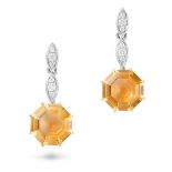 A PAIR OF CITRINE AND DIAMOND DROP EARRINGS in 18ct yellow gold, each comprising a row of round c...