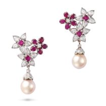 A PAIR OF RUBY, DIAMOND AND PEARL FLOWER DROP EARRINGS each comprising a cluster of flowers set w...