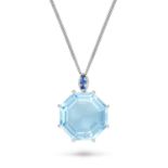 A BLUE TOPAZ AND SAPPHIRE PENDANT NECKLACE the pendant set with an octagonal step cut blue topaz ...