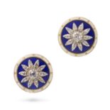 A PAIR OF DIAMOND AND ENAMEL EARRINGS the circular earrings decorated with blue and white enamel,...