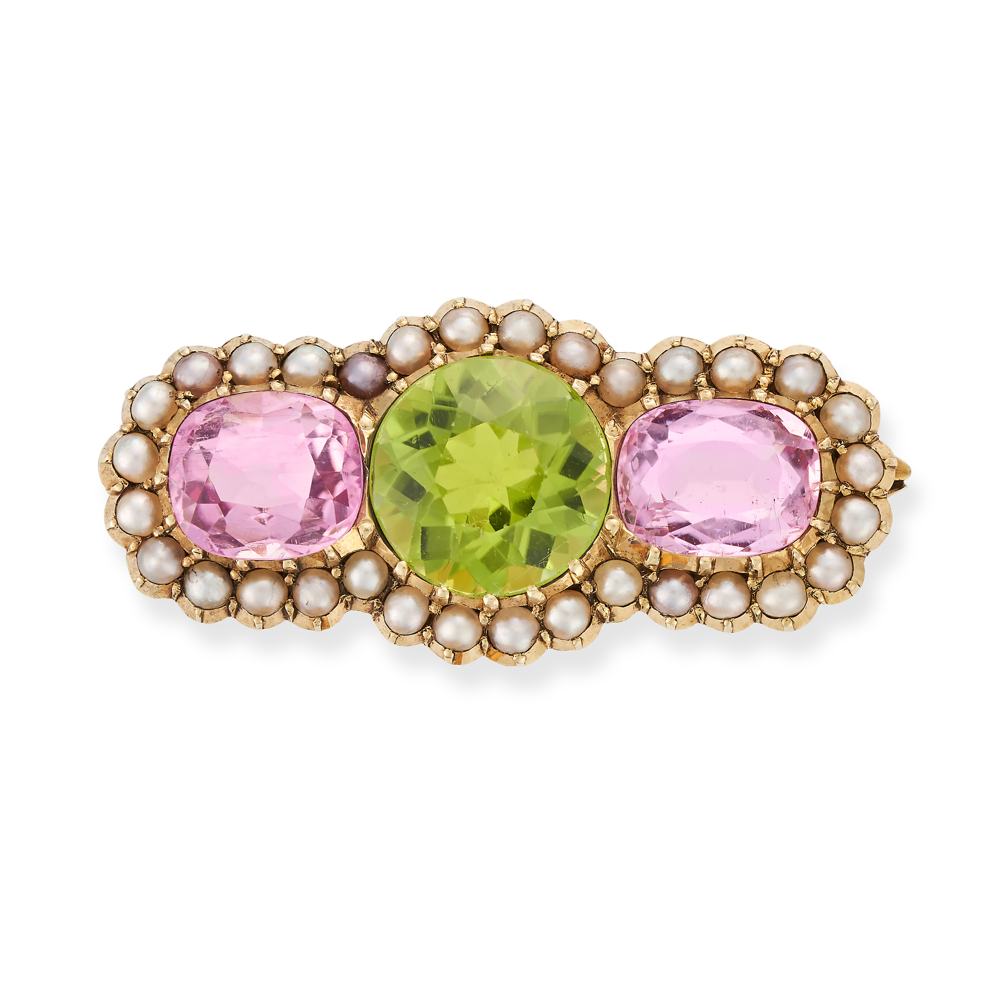 AN ANTIQUE PERIDOT, PINK TOPAZ AND PEARL BROOCH set with a round cut peridot of approximately 3.2...
