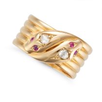 NO RESERVE - A DIAMOND AND SYNTHETIC RUBY SNAKE RING in 18ct yellow gold, designed as two coiled ...