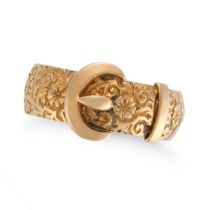 AN ANTIQUE VICTORIAN GOLD BELT RING in 18ct yellow gold, the ring designed as a belt engraved wit...