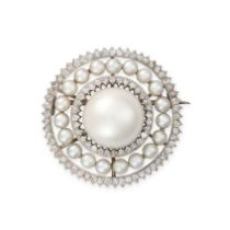 A DIAMOND AND PEARL BROOCH in platinum and white gold, set with a pearl of 12.5mm, in concentric ...