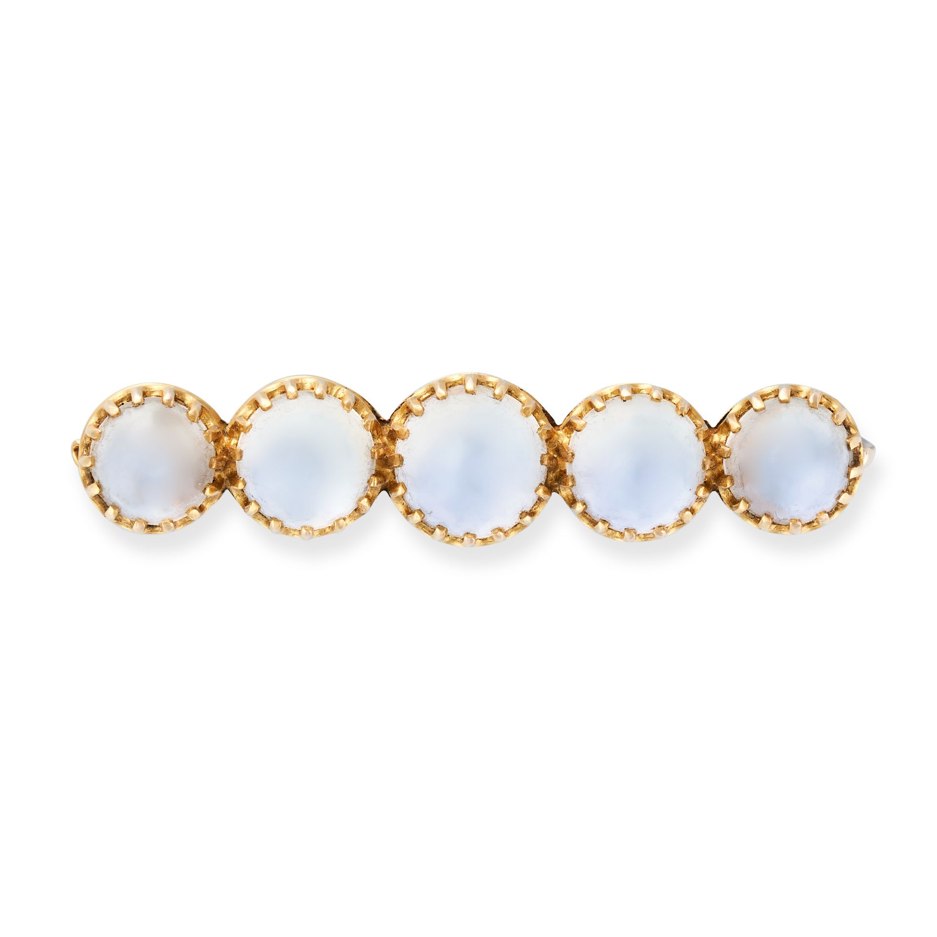 AN ANTIQUE MOONSTONE BAR BROOCH in 15ct yellow gold, set with a row of five round cabochon moonst...