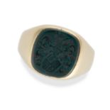 A BLOODSTONE INTAGLIO SIGNET RING set with a bloodstone intaglio carved to depict a family crest,...