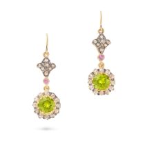 NO RESERVE - A PAIR OF PERIDOT, DIAMOND AND PINK TOURMALINE DROP EARRINGS each designed as a fleu...