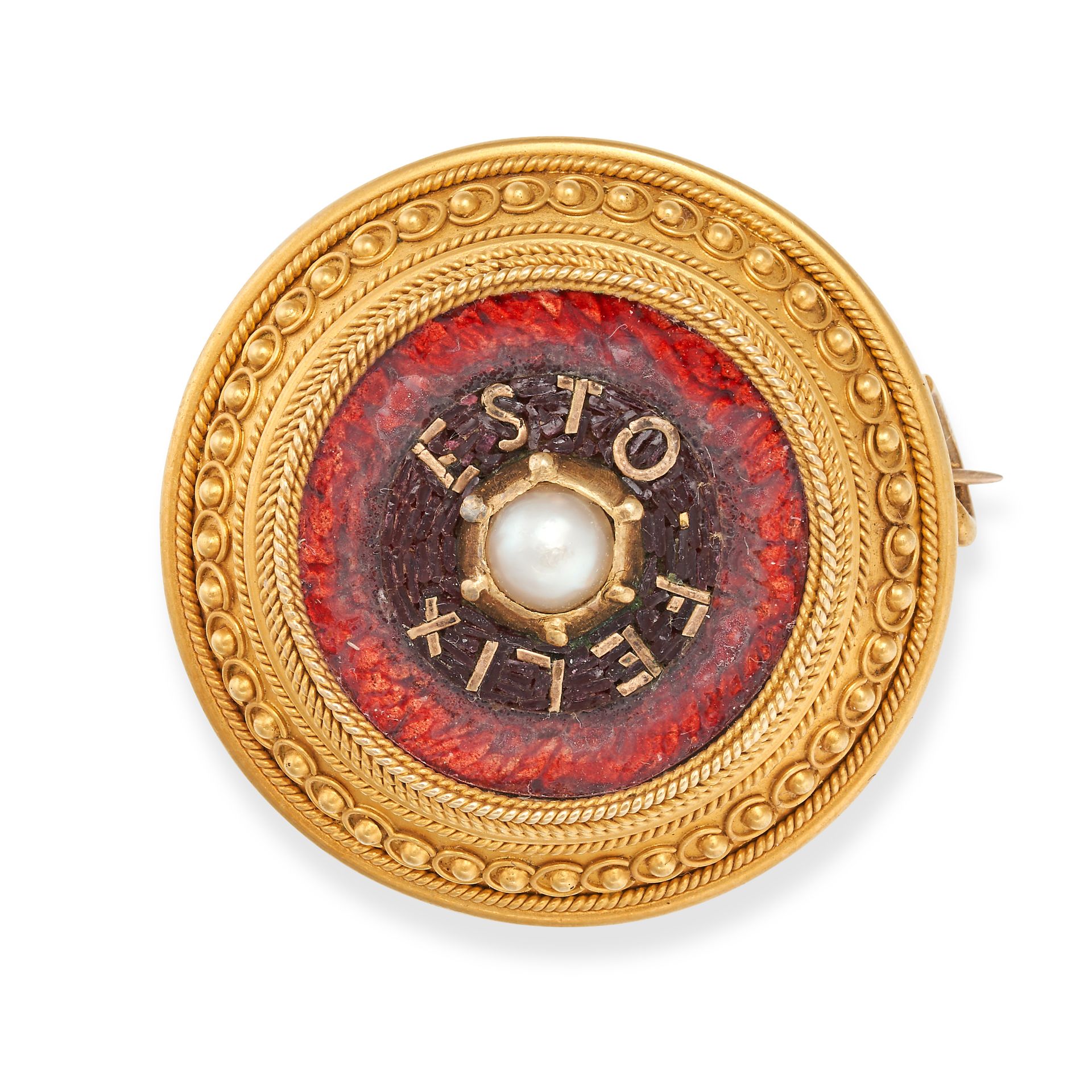 AN ANTIQUE HARDSTONE AND ENAMEL BROOCH in yellow gold, the circular brooch set with pieces of bro...