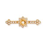 AN ANTIQUE PEARL FLOWER BROOCH in yellow gold, designed as a flower set with pearls, accented by ...