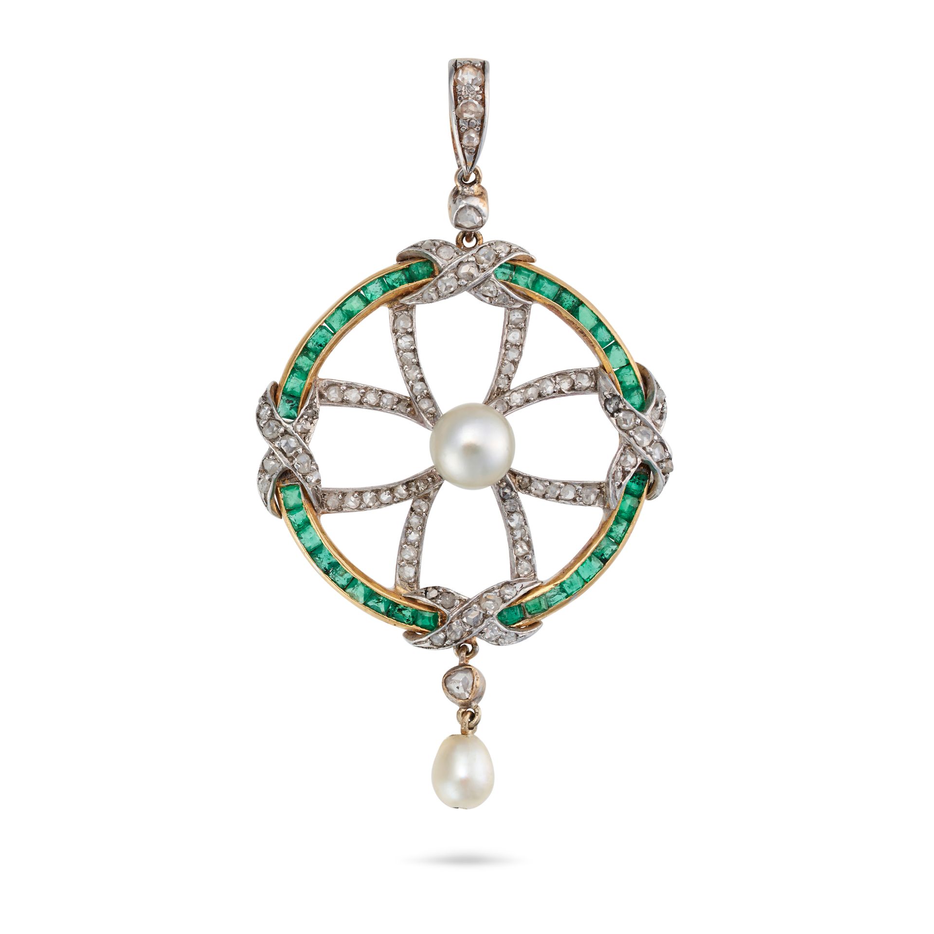 AN ANTIQUE PEARL, EMERALD AND DIAMOND PENDANT the circular pendant set with a pearl accented by r...