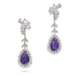 A PAIR OF AMETHYST AND DIAMOND DROP EARRINGS the scrolling earrings set throughout with round cut...