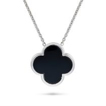 AN ONYX PENDANT NECKLACE the pendant designed as a quatrefoil set with polished onyx, suspended f...