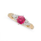 NO RESERVE - A SYNTHETIC RUBY AND DIAMOND RING set with a round cut synthetic ruby, accented on e...