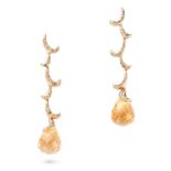 A PAIR OF CITRINE AND DIAMOND DROP EARRINGS in 18ct yellow gold, comprising a row of scrolling li...