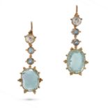 A PAIR OF ANTIQUE AQUAMARINE AND ROCK CRYSTAL DROP EARRINGS in yellow gold, each comprising a ros...