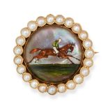 AN ANTIQUE ESSEX CRYSTAL INTAGLIO AND PEARL BROOCH in yellow gold, set with a carved Essex crysta...