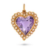 AN ANTIQUE AMETHYST AND PEARL WITCHES HEART PENDANT set with a heart cut amethyst in a border of ...